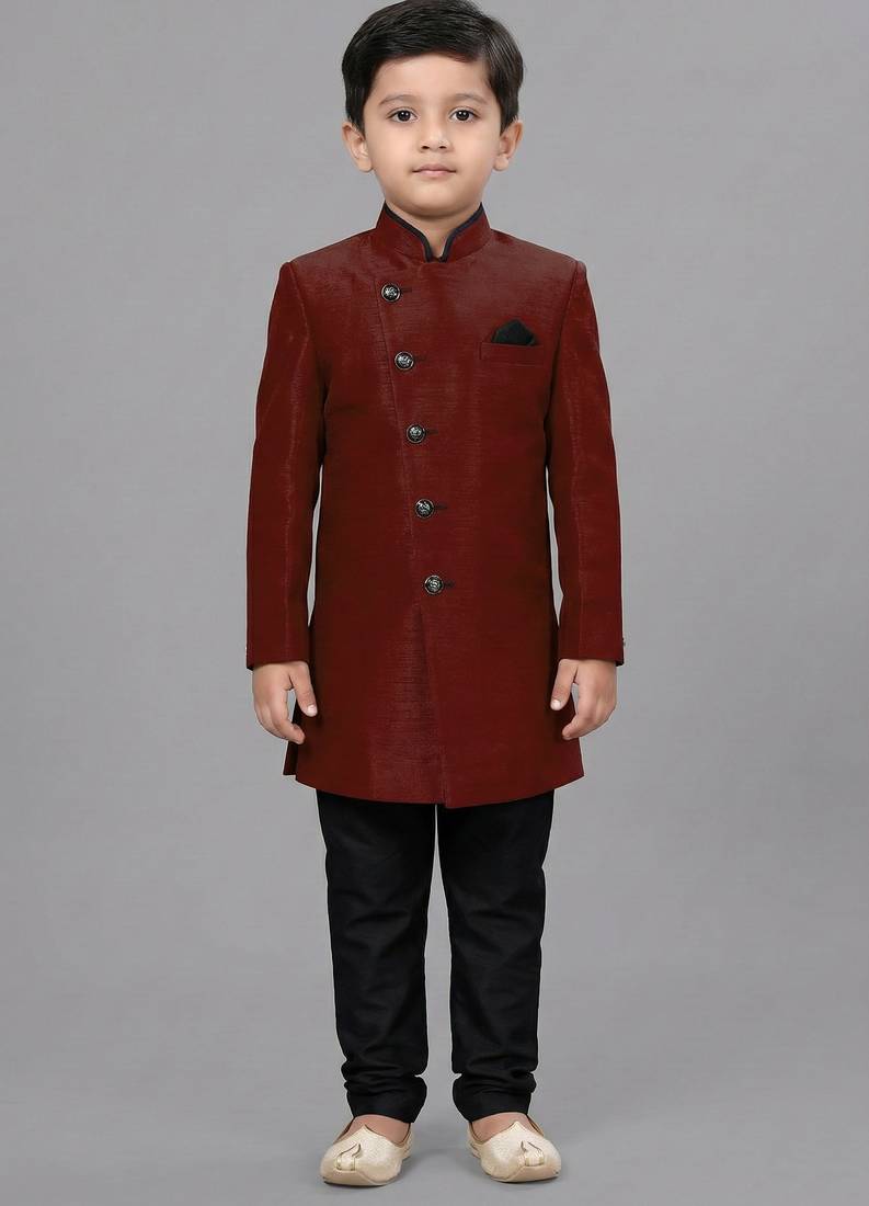 Maroon festive wear designer art dupion silk boys-indo-western-dress