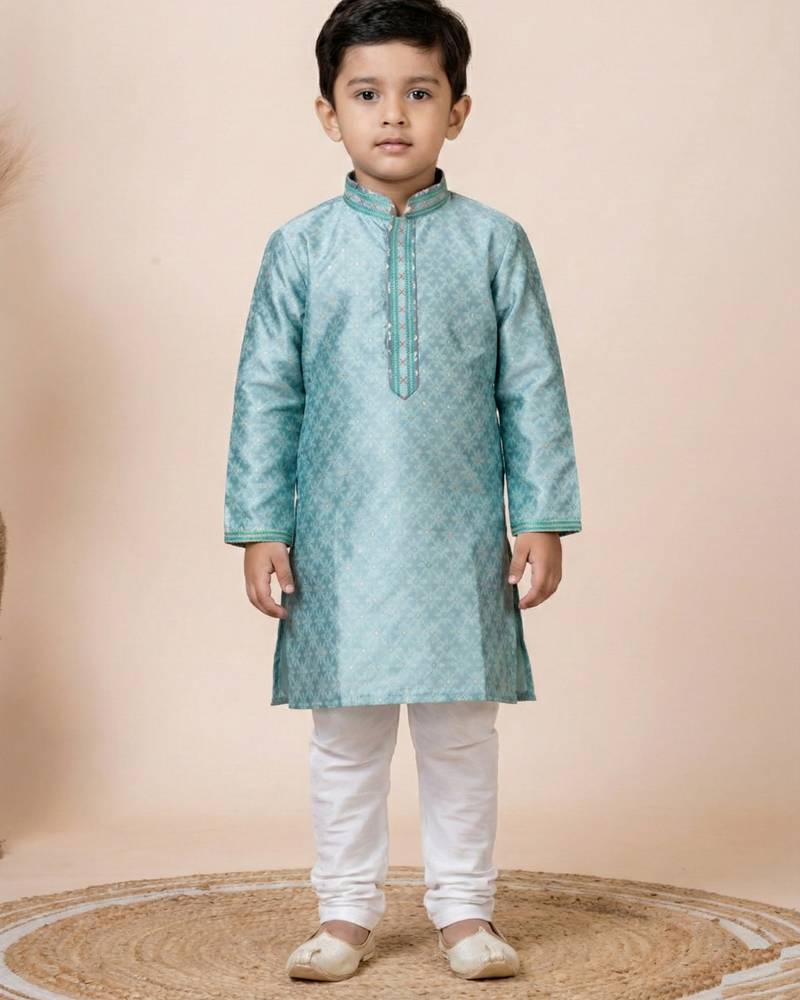 Green festive wear designer jacquard boys-kurta-pyjama