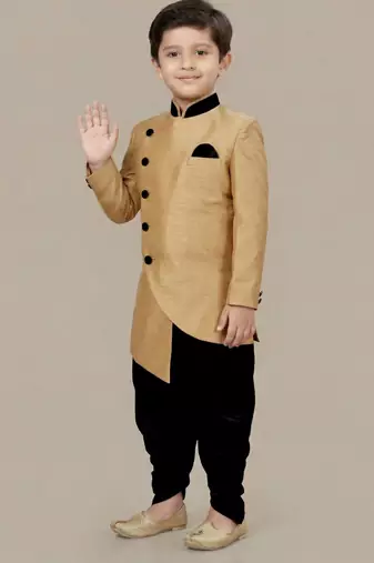 Brown festive wear designer art dupion silk boys-indo-western-dress