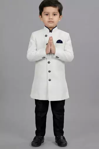 White festive wear designer art dupion silk boys-indo-western-dress