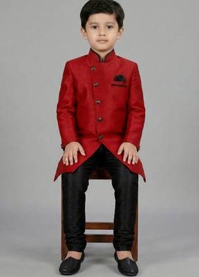 Red festive wear designer art dupion silk blend boys-indo-western-dress 2