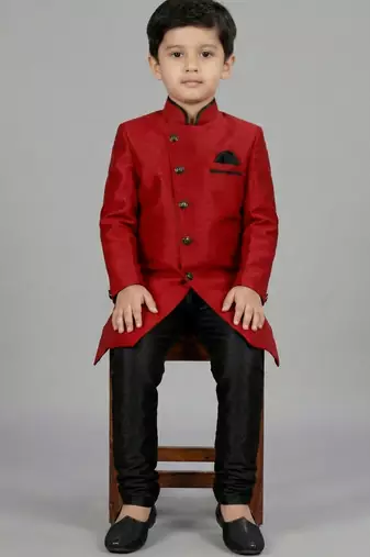 Red festive wear designer art dupion silk boys-indo-western-dress