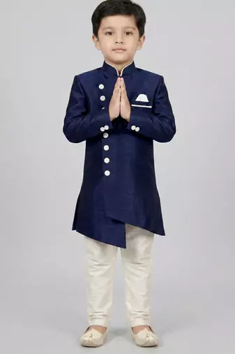 Blue festive wear designer art dupion silk boys-indo-western-dress