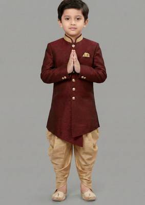 Maroon festive wear designer art dupion silk boys-indo-western-dress 2