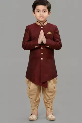 Maroon festive wear designer art dupion silk boys-indo-western-dress