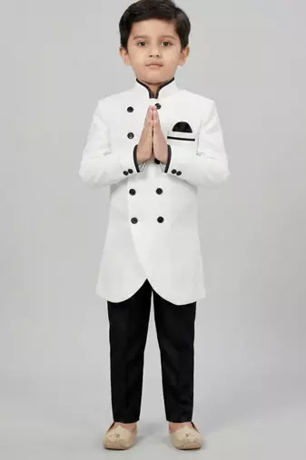 White festive wear designer art dupion silk boys-indo-western-dress
