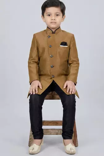 Brown festive wear designer art dupion silk boys-indo-western-dress