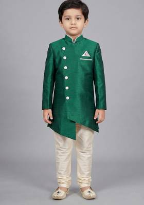 Green festive wear designer art dupion silk boys-indo-western-dress 2