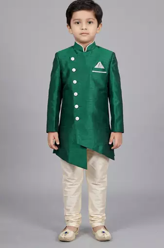 Green festive wear designer art dupion silk boys-indo-western-dress