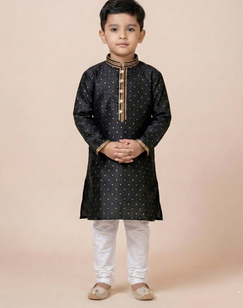 Black festive wear designer jacquard boys-kurta-pyjama