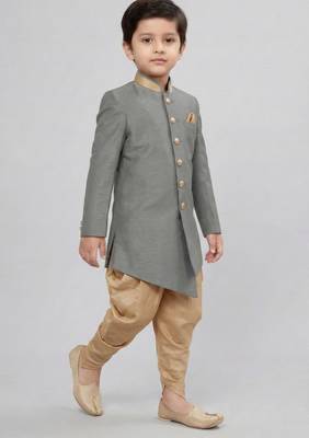 Grey festive wear designer art dupion silk blend boys-indo-western-dress 2