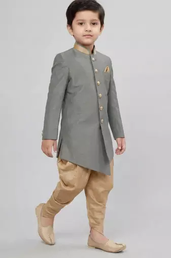 Grey festive wear designer art dupion silk boys-indo-western-dress