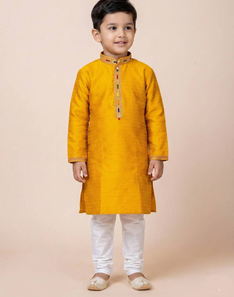 Yellow festive wear designer jacquard boys-kurta-pyjama