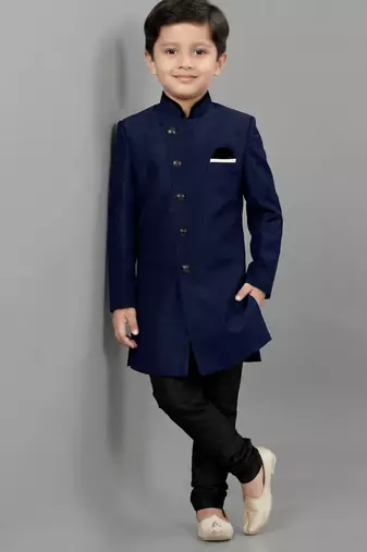 Blue festive wear designer art dupion silk boys-indo-western-dress