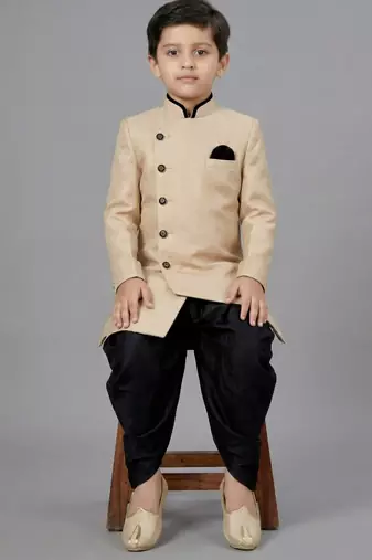 Beige festive wear designer art dupion silk boys-indo-western-dress