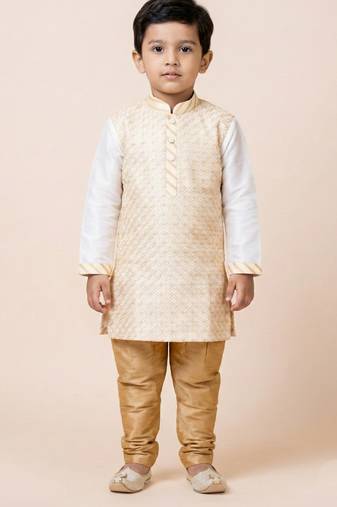 White festive wear designer banarasi boys-kurta-pyjama