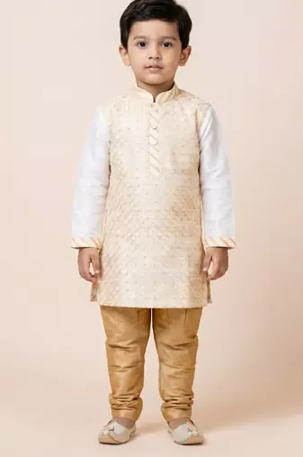White festive wear designer banarasi boys-kurta-pyjama