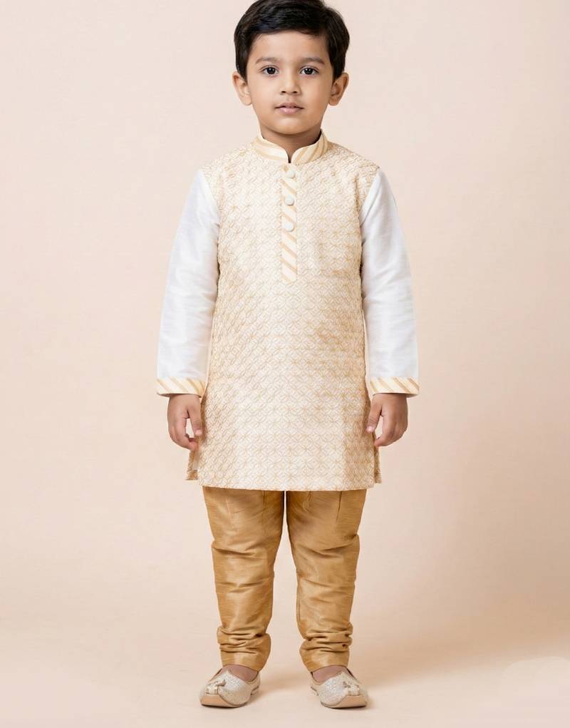White festive wear designer banarasi boys-kurta-pyjama