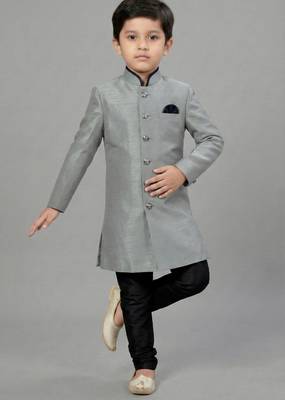 Grey festive wear designer art dupion silk blend boys-indo-western-dress 2