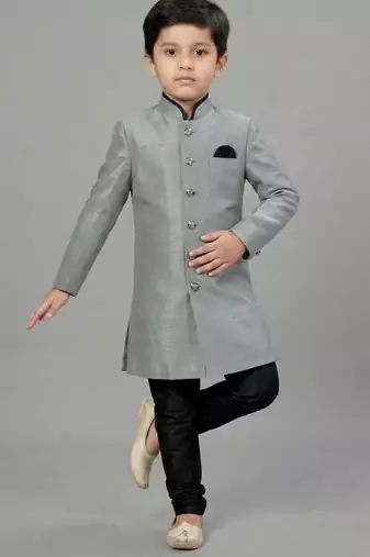 Grey festive wear designer art dupion silk boys-indo-western-dress