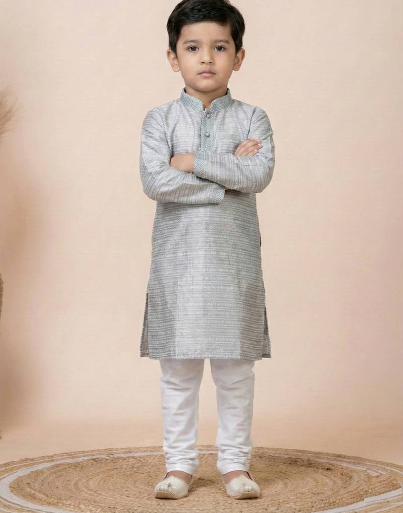 Grey festive wear designer jacquard boys-kurta-pyjama
