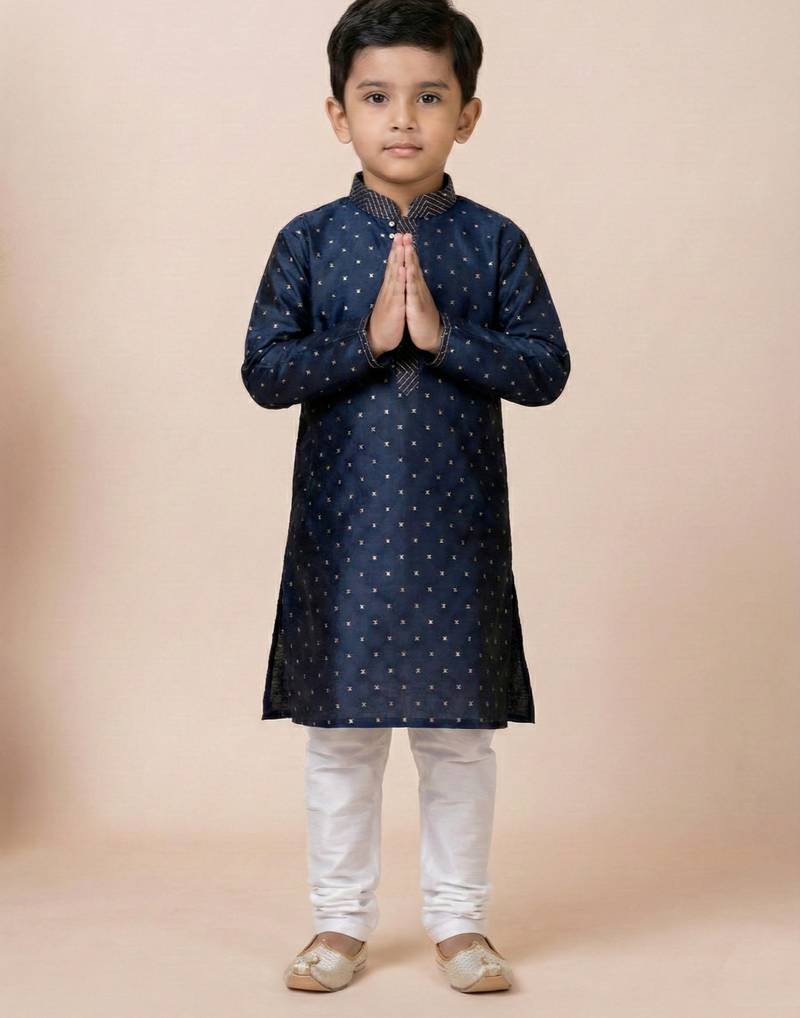 Blue festive wear designer jacquard boys-kurta-pyjama