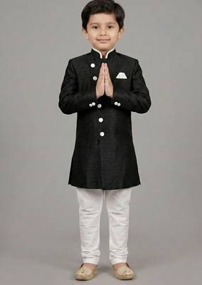 Black festive wear designer art dupion silk boys-indo-western-dress 2