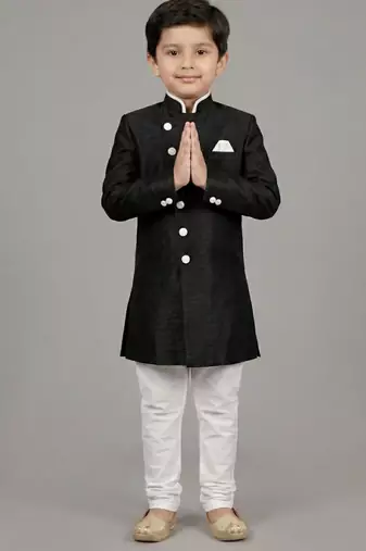 Black festive wear designer art dupion silk boys-indo-western-dress