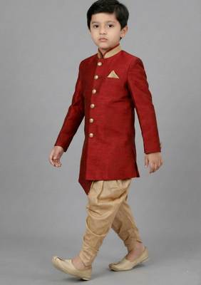Red festive wear designer art dupion silk boys-indo-western-dress 2