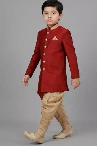 Red festive wear designer art dupion silk boys-indo-western-dress