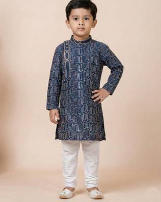 Blue festive wear designer cotton silk boys-kurta-pyjama 1