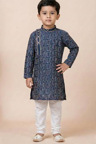 Blue festive wear designer cotton silk boys-kurta-pyjama