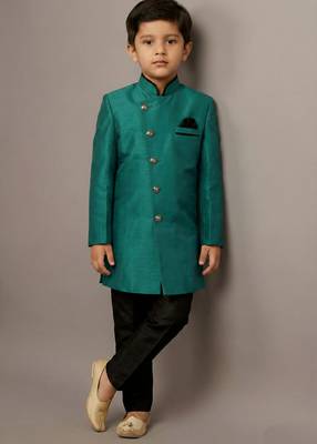 Green festive wear designer art dupion silk boys-indo-western-dress 2