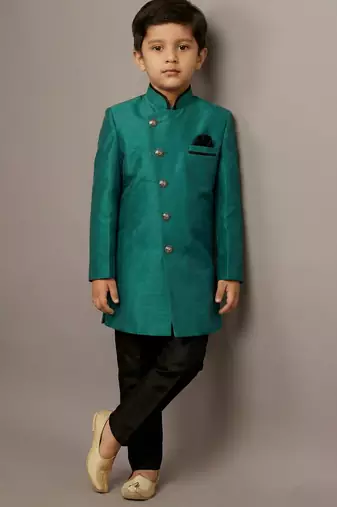 Green festive wear designer art dupion silk boys-indo-western-dress