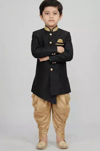 Black festive wear designer art dupion silk boys-indo-western-dress