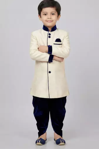 Beige festive wear designer art dupion silk boys-indo-western-dress