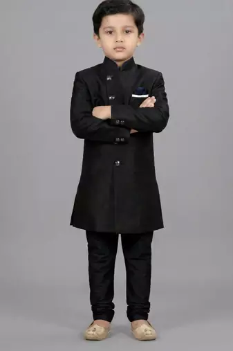 Black festive wear designer art dupion silk boys-indo-western-dress