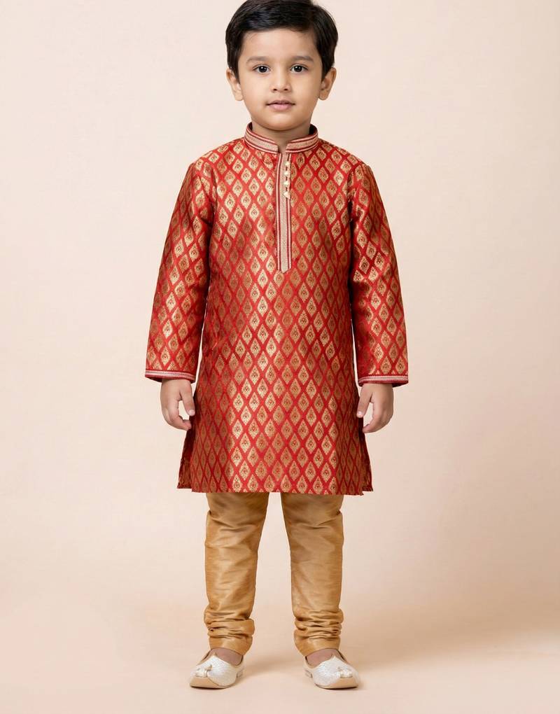 Red festive wear designer jacquard boys-kurta-pyjama