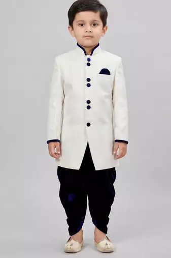 White festive wear designer art dupion silk boys-indo-western-dress