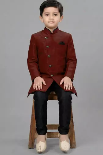 Maroon festive wear designer art dupion silk boys-indo-western-dress