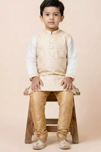 White festive wear designer banarasi boys-kurta-pyjama