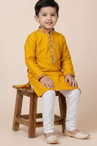 Yellow festive wear designer jacquard boys-kurta-pyjama