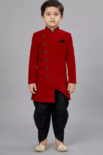 Maroon festive wear designer art dupion silk boys-indo-western-dress