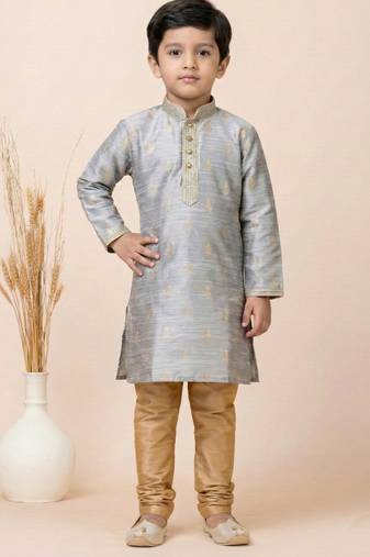 Grey festive wear designer jacquard boys-kurta-pyjama