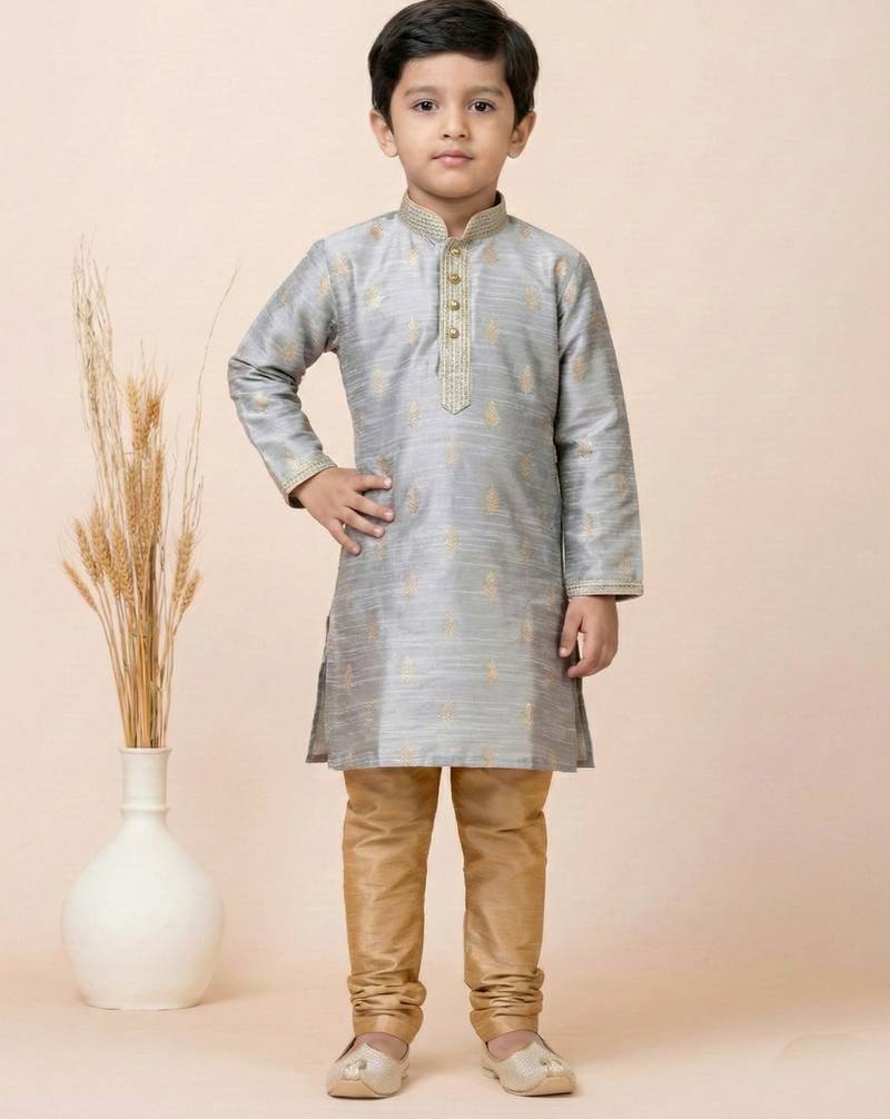 Grey festive wear designer jacquard boys-kurta-pyjama