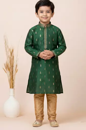 Green festive wear designer jacquard boys-kurta-pyjama