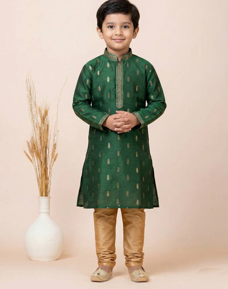 Green festive wear designer jacquard boys-kurta-pyjama