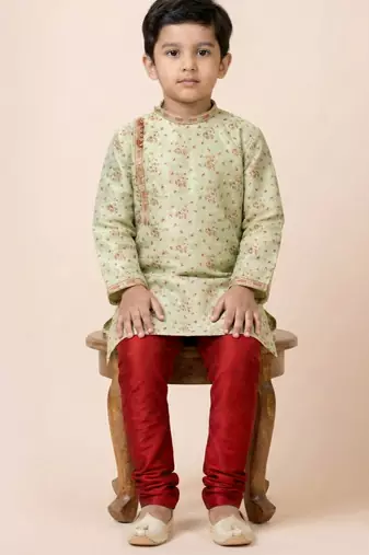Green festive wear designer jacquard boys-kurta-pyjama