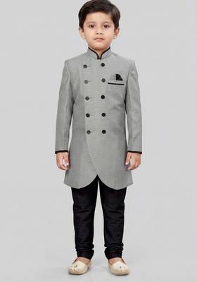 Grey festive wear designer art dupion silk blend boys-indo-western-dress 2