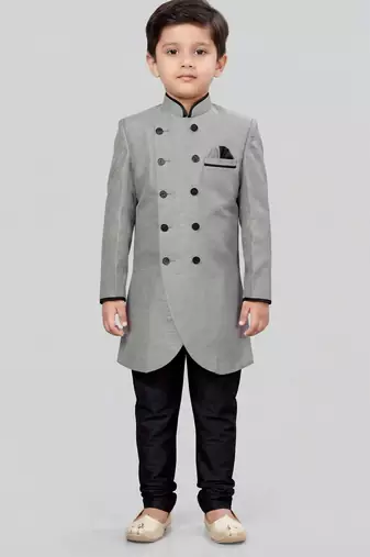 Grey festive wear designer art dupion silk boys-indo-western-dress
